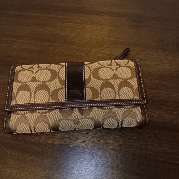 Coach Handbags - Coach Signature Checkbook Wallet Brown EUC